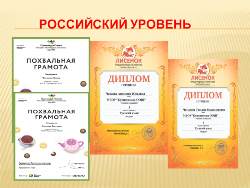 Презентация Портфолио учителя начальных классов Российский уровень Российский уровень