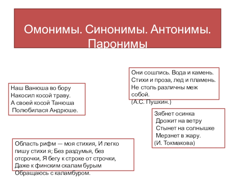 Презентация на тему Омонимы. Синонимы. Антонимы. ПаронимыОни сошлись. Вода и камень.Стихи Омонимы. Синонимы. Антонимы. ПаронимыОни сошлись. Вода и камень.Стихи и проза, лед и пламень.Не столь различны меж