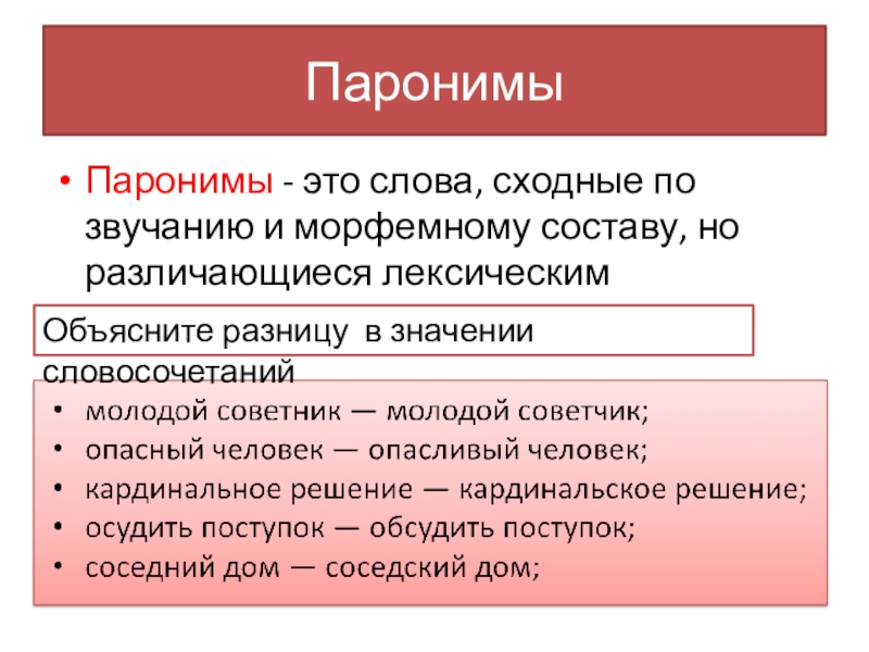 Презентация Синонимы. Антонимы. Омонимы Паронимы Паронимы - это слова, сходные по звучанию и морфемному составу, Паронимы Паронимы - это слова, сходные по звучанию и морфемному составу, но различающиеся лексическим значением.Объясните разницу в