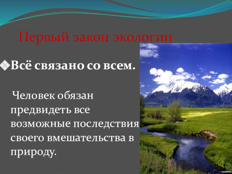 Первый закон экологииВсё связано со всем. Человек обязан предвидеть все возможные последствия своего вмешательства в природу.