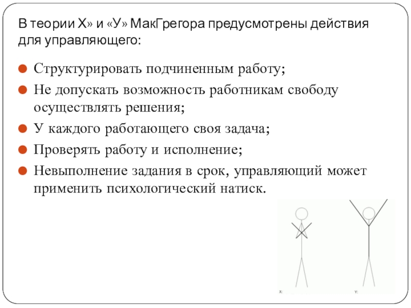 В теории Х» и «У» МакГрегора предусмотрены действия для управляющего:Структурировать подчиненным работу;Не допускать возможность работникам свободу осуществлять