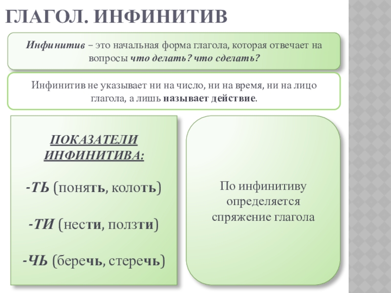 Презентация по русскому языку на тему Глагол (5 класс) Глагол. инфинитивИнфинитив – это начальная форма глагола, которая отвечает на вопросы Глагол. инфинитивИнфинитив – это начальная форма глагола, которая отвечает на вопросы что делать? что сделать?Инфинитив не указывает