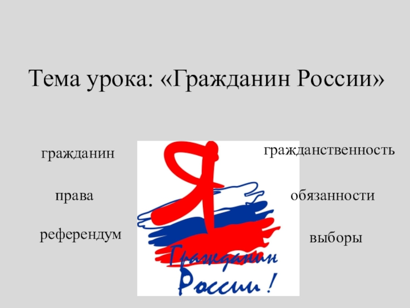Презентация к уроку Я Гражданин России 5 класс Тема урока: «Гражданин России»гражданингражданственностьправаобязанностиреферендумвыборы Тема урока: «Гражданин России»гражданингражданственностьправаобязанностиреферендумвыборы