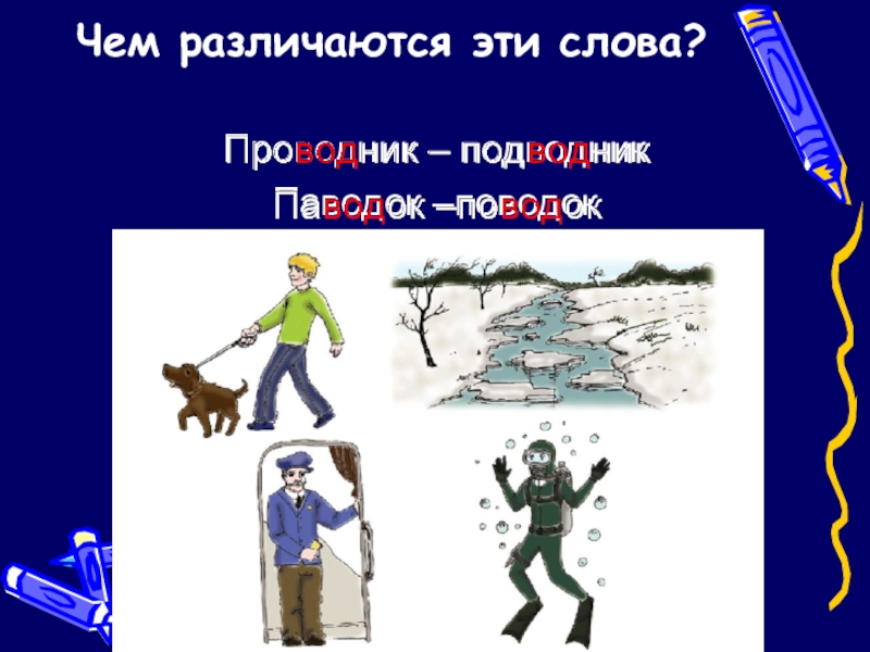 Презентация по русскому языку по теме Имя прилагательное(6 класс) Чем различаются эти слова?Проводник – подводникПаводок –поводок Чем различаются эти слова?Проводник – подводникПаводок –поводок