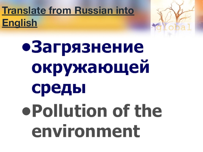 Translate from Russian into EnglishЗагрязнение окружающей средыPollution of the environment