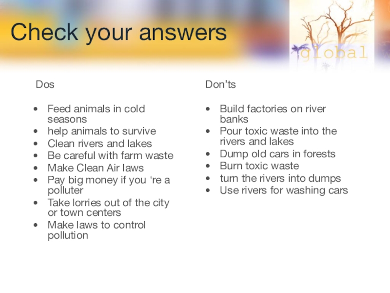 Check your answers Dos   Feed animals in cold seasonshelp animals to surviveClean rivers and lakesBe