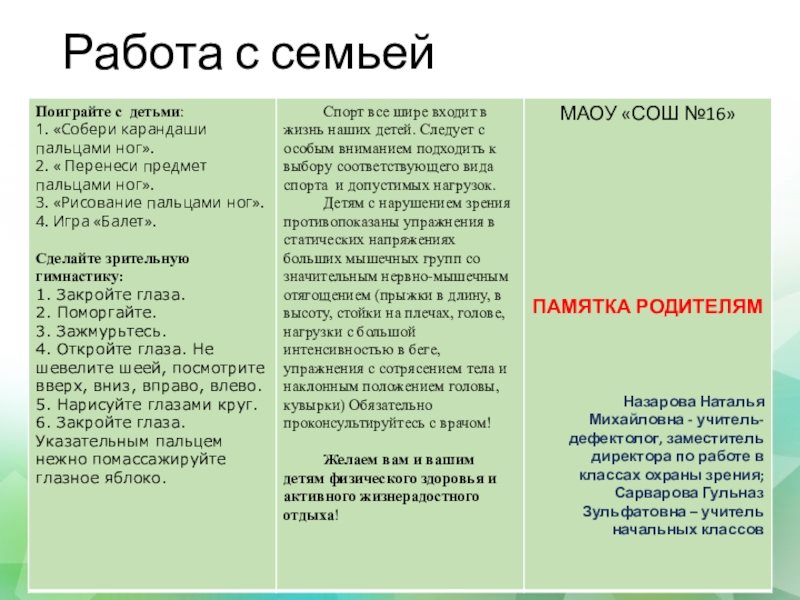 Физкультурно - оздоровительная работа Работа с семьей Работа с семьей
