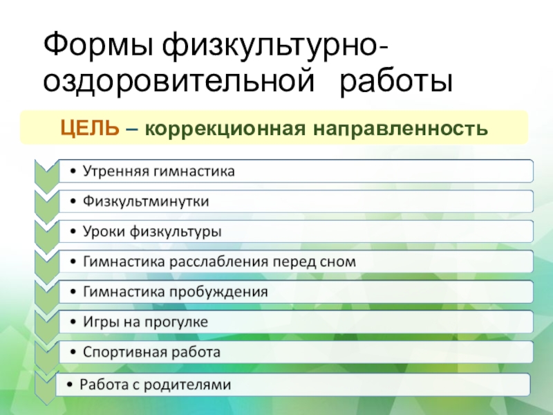 Физкультурно - оздоровительная работа Формы физкультурно- оздоровительной работы ЦЕЛЬ – коррекционная направленность Формы физкультурно- оздоровительной работы ЦЕЛЬ – коррекционная направленность