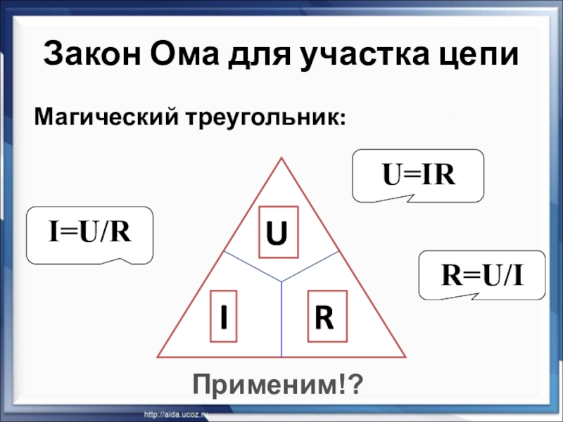 Презентация по физике на тему Закон Ома для участка цепи (8 класс) на учитель года 2018 Закон Ома для участка цепиМагический треугольник: I=U/RR=U/IU=IRПрименим!? Закон Ома для участка цепиМагический треугольник: I=U/RR=U/IU=IRПрименим!?