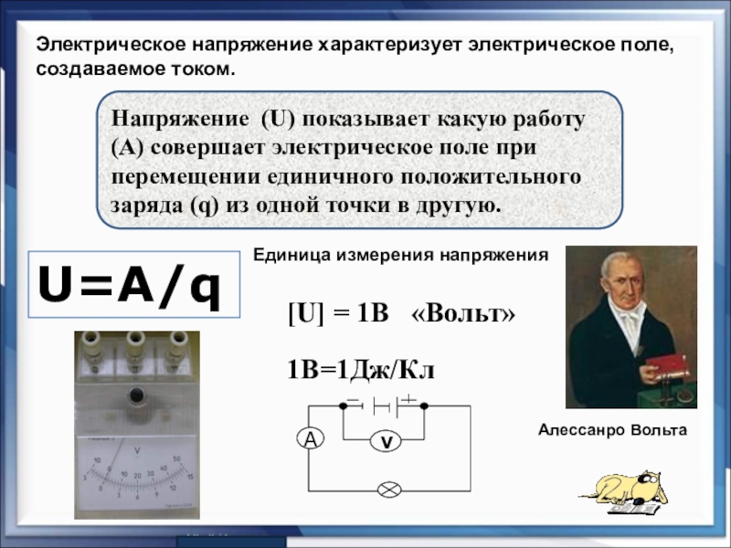 Презентация по физике на тему Закон Ома для участка цепи (8 класс) на учитель года 2018 Электрическое напряжение характеризует электрическое поле, создаваемое током.Напряжение (U) показывает какую работу Электрическое напряжение характеризует электрическое поле, создаваемое током.Напряжение (U) показывает какую работу (А) совершает электрическое поле при перемещении