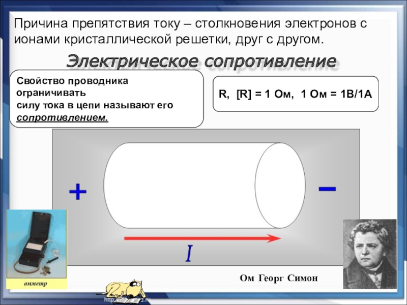 Презентация по физике на тему Закон Ома для участка цепи (8 класс) на учитель года 2018 ----Причина препятствия току – столкновения электронов с ионами кристаллической решетки, друг ----Причина препятствия току – столкновения электронов с ионами кристаллической решетки, друг с другом.---Электрическое сопротивление Свойство проводника ограничивать