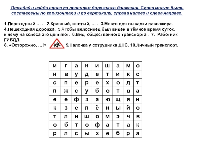 Презентация на тему Отгадай и найди слова по правилам дорожного движения. Отгадай и найди слова по правилам дорожного движения. Слова могут быть составлены по горизонтали и по вертикали,
