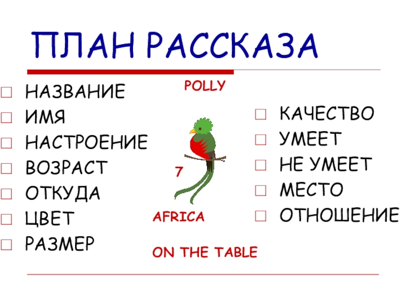 Презентация Мои игрушки для 2-3 класса ПЛАН РАССКАЗАНАЗВАНИЕИМЯНАСТРОЕНИЕВОЗРАСТОТКУДАЦВЕТРАЗМЕРКАЧЕСТВОУМЕЕТНЕ УМЕЕТМЕСТООТНОШЕНИЕPOLLYAFRICA7ON THE TABLE ПЛАН РАССКАЗАНАЗВАНИЕИМЯНАСТРОЕНИЕВОЗРАСТОТКУДАЦВЕТРАЗМЕРКАЧЕСТВОУМЕЕТНЕ УМЕЕТМЕСТООТНОШЕНИЕPOLLYAFRICA7ON THE TABLE
