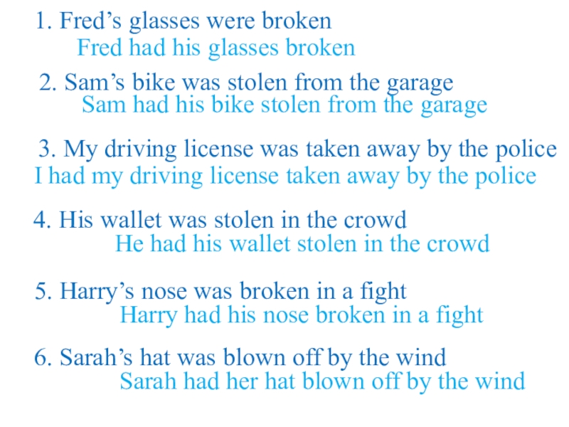 1. Fred’s glasses were broken2. Sam’s bike was stolen from the garageFred had his glasses brokenSam had