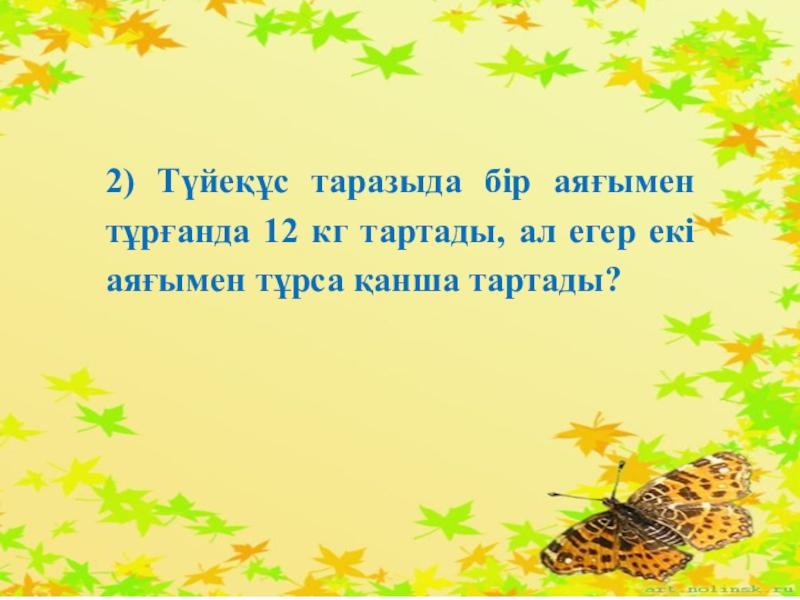 Презентация: Дара және күрделі сан есім 2) Түйеқұс таразыда бір аяғымен тұрғанда 12 кг тартады, ал егер 2) Түйеқұс таразыда бір аяғымен тұрғанда 12 кг тартады, ал егер екі аяғымен тұрса қанша тартады?