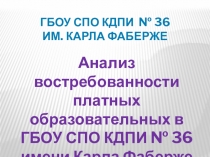 Презентация Анализ востребованности платных образовательных в ГБОУ СПО КДПИ № 36 имени Карла Фаберже