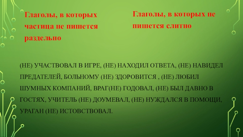 Презентация по русскому языку: Глагол. (Не) участвовал в игре, (не) находил ответа, (не) навидел предателей, больному (Не) участвовал в игре, (не) находил ответа, (не) навидел предателей, больному (не) здоровится , (не) любил шумных