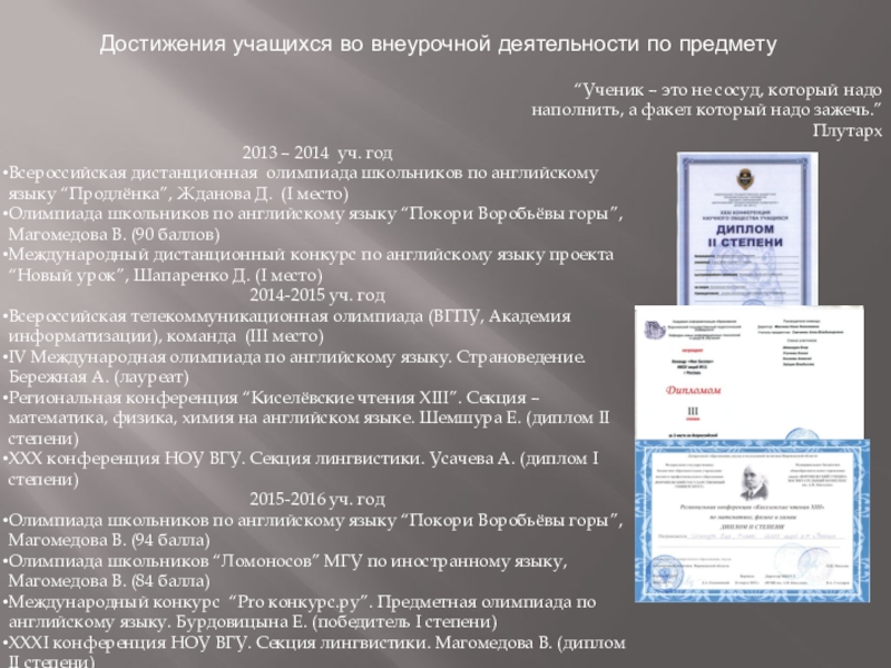 Публичная презентация результатов педагогической деятельности Достижения учащихся во внеурочной деятельности по предмету“Ученик – это не сосуд, Достижения учащихся во внеурочной деятельности по предмету“Ученик – это не сосуд, который надо наполнить, а факел который