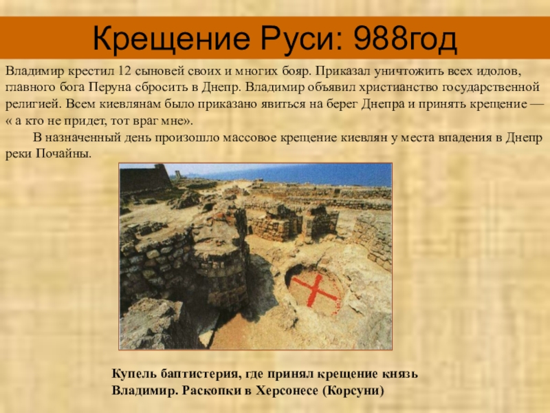 Проект по дисциплине Обществознание Купель баптистерия, где принял крещение князь Владимир. Раскопки в Херсонесе (Корсуни)Крещение Купель баптистерия, где принял крещение князь Владимир. Раскопки в Херсонесе (Корсуни)Крещение Руси: 988годВладимир крестил 12 сыновей своих