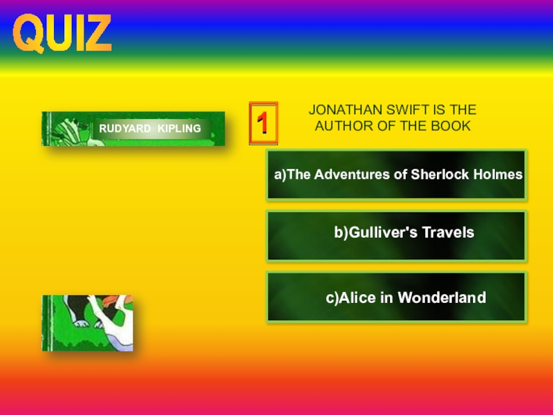 Урок-презентация по английскому языку Книги. Удовольствие от чтения (7 класс) JONATHAN SWIFT IS THE AUTHOR OF THE BOOKa)The Adventures of Sherlock JONATHAN SWIFT IS THE AUTHOR OF THE BOOKa)The Adventures of Sherlock Holmesb)Gulliver's Travelsc)Alice in Wonderland1RUDYARD KIPLING clickQUIZ