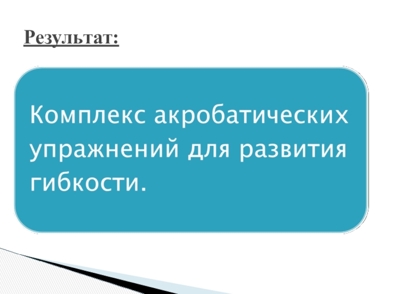 Совершенствование и проектирование ранее изученных элементов техники акробатических упражнений Результат: Результат: