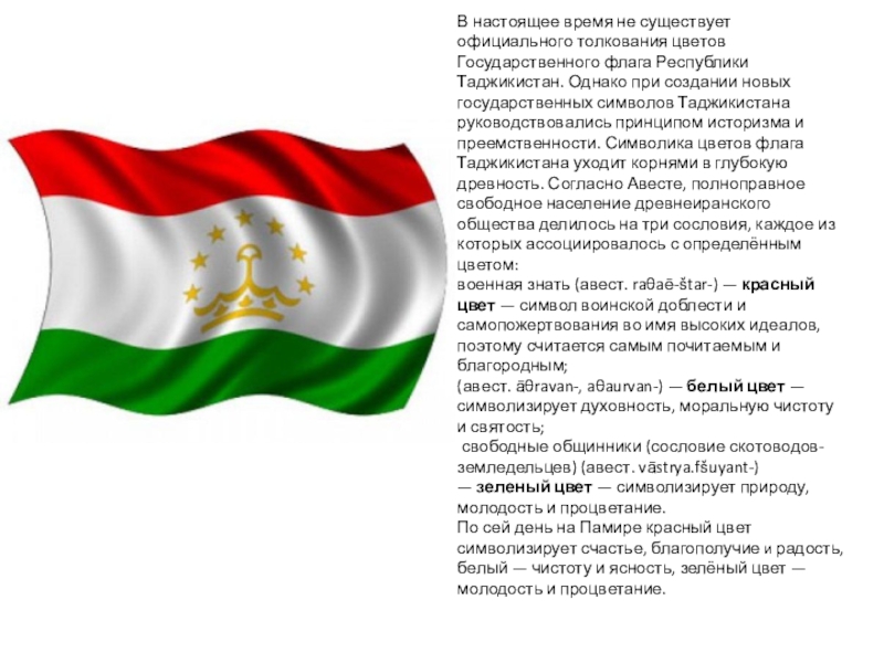 Презентация для дошкольников на тему: Республика Таджикистан В настоящее время не существует официального толкования цветов Государственного флага Республики В настоящее время не существует официального толкования цветов Государственного флага Республики Таджикистан. Однако при создании новых государственных