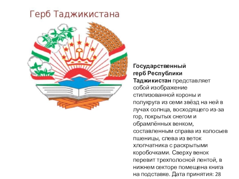 Презентация для дошкольников на тему: Республика Таджикистан Государственный герб Республики Таджикистан представляет собой изображение стилизованной короны и полукруга из семи Государственный герб Республики Таджикистан представляет собой изображение стилизованной короны и полукруга из семи звёзд на ней в лучах солнца,
