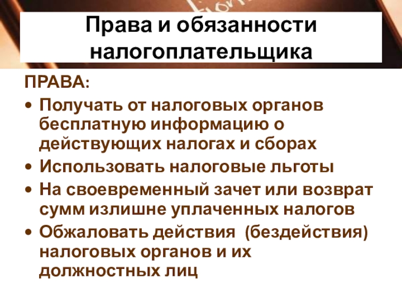 План на тему права и обязанности налогоплательщика