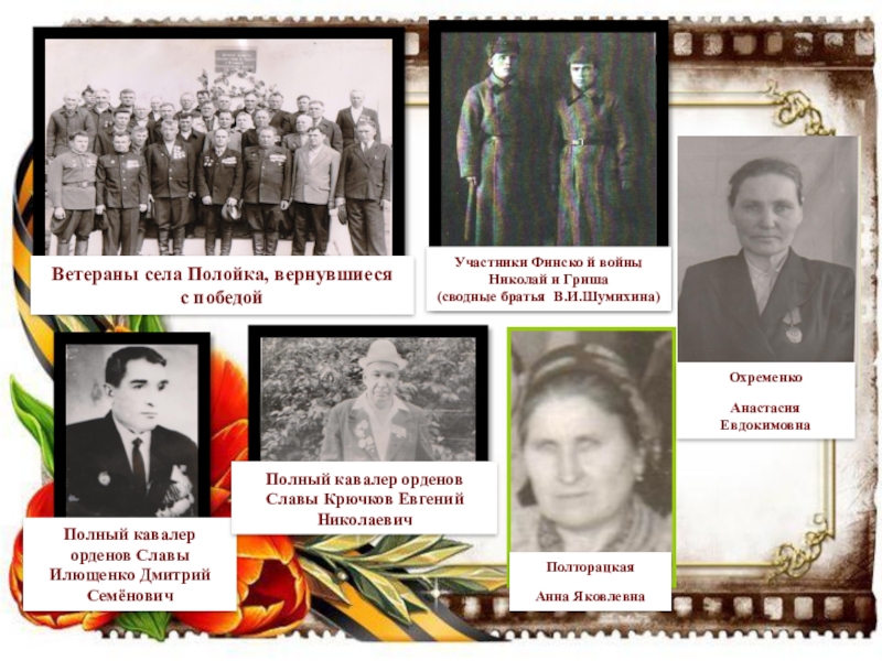 Презентация Отражение истории села Полойка в топонимических названиях Ветераны села Полойка, вернувшиеся с победойУчастники Финско й войны Николай и Ветераны села Полойка, вернувшиеся с победойУчастники Финско й войны Николай и Гриша(сводные братья В.И.Шумихина)Полный кавалер орденов Славы
