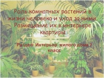 Презентация по технологии 7класс Роль комнатных растений в жизни человека и уход за ними