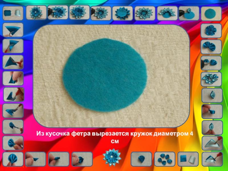 Цветы кинзаши. Урок технологии Из кусочка фетра вырезается кружок диаметром 4 см Из кусочка фетра вырезается кружок диаметром 4 см
