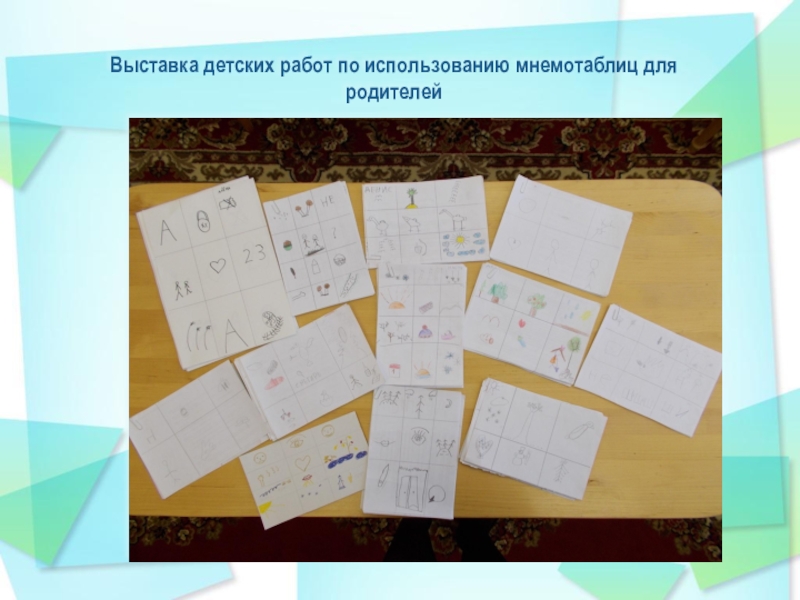 Использование мнемотехники для социально- коммуникативного развития детей с нарушением речи в подготовительной логопедической группе Выставка детских работ по использованию мнемотаблиц для родителей Выставка детских работ по использованию мнемотаблиц для родителей