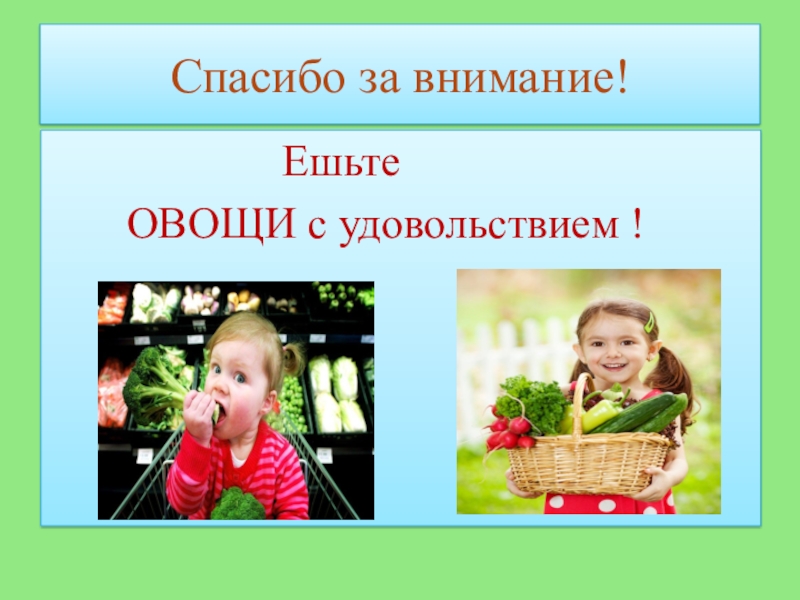 Презентация к работе Кулинарное путешествие Овощонка. Районный конкурс Первые шаги в науку 2018 Спасибо за внимание! Ешьте ОВОЩИ с удовольствием ! Спасибо за внимание! Ешьте