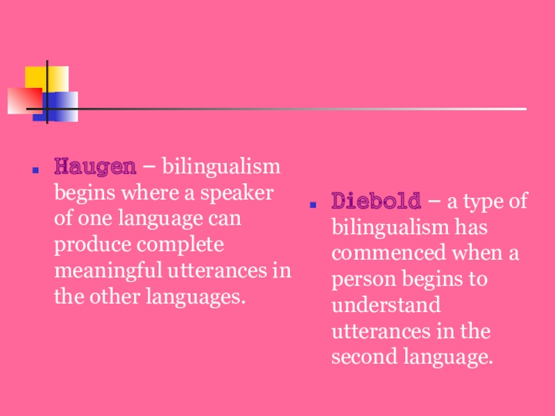 Презентация на английском языке на тему: Типы билингвизма Haugen – bilingualism begins where a speaker of one language can Haugen – bilingualism begins where a speaker of one language can produce complete meaningful utterances in the