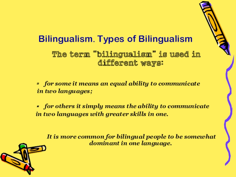 Презентация на тему Bilingualism. Types of BilingualismThe term “bilingualism” is used Bilingualism. Types of BilingualismThe term “bilingualism” is used in different