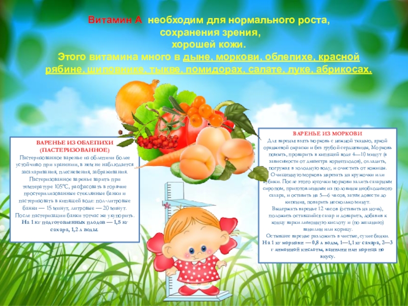 Презентация по окружающему миру Азбука витаминов Витамин А необходим для нормального роста, сохранения зрения, хорошей кожи. Этого Витамин А необходим для нормального роста, сохранения зрения, хорошей кожи. Этого витамина много в дыне, моркови, облепихе,