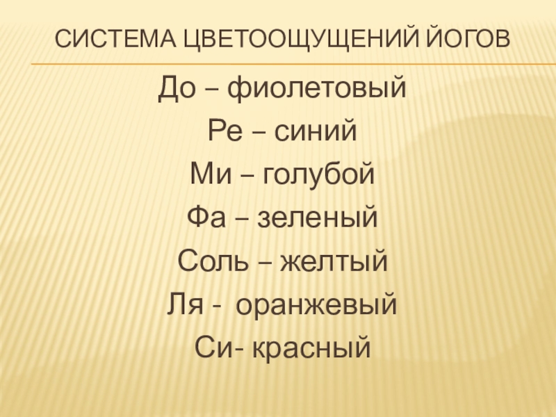 Презентация урока музыки в 4 классе на тему Музыка польского народа Система цветоощущений йогов До – фиолетовыйРе – синийМи – голубойФа – Система цветоощущений йогов До – фиолетовыйРе – синийМи – голубойФа – зеленыйСоль – желтыйЛя - оранжевыйСи- красный