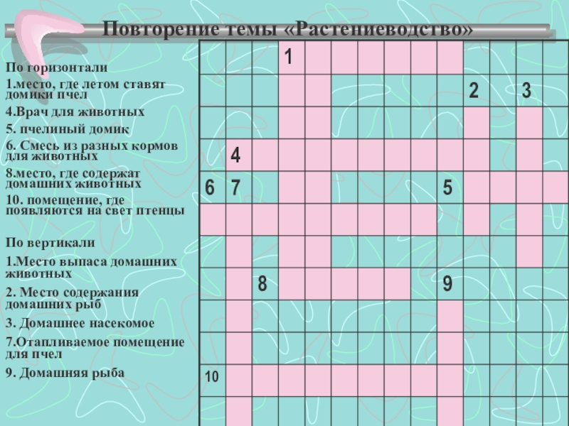 Презентация на тему По горизонтали1.место, где летом ставят домики пчел4.Врач для По горизонтали1.место, где летом ставят домики пчел4.Врач для животных5. пчелиный домик6. Смесь из разных кормов для животных8.место,