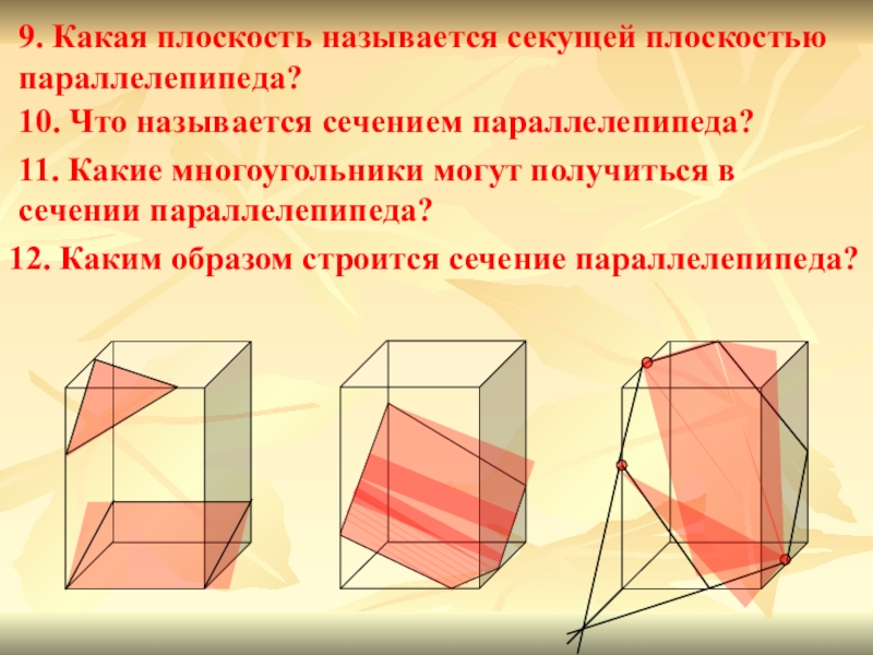 Постройте сечение прямоугольного параллелепипеда плоскостью. Сечение параллелепипеда плоскостью. Секущая плоскость параллелепипеда. Какие многоугольники могут получиться в сечении параллелепипеда. Различные по форме сечения параллелепипеда.