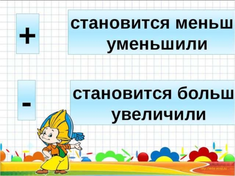 Презентация увеличить на. Увеличить на уменьшить на. Уменьшить на 1 класс. Увеличить на уменьшить на 1 класс. Уменьшение по математике.