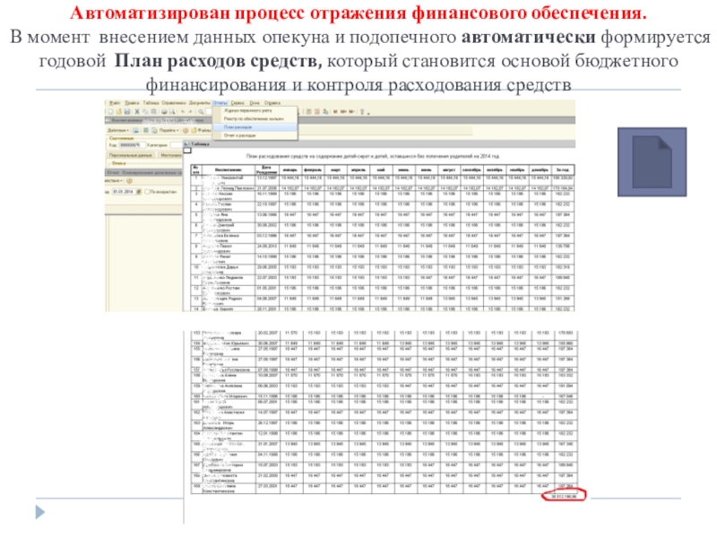Презентация Автоматизация деятельности органов опеки ACCOchild Автоматизирован процесс отражения финансового обеспечения. В момент внесением данных опекуна и Автоматизирован процесс отражения финансового обеспечения. В момент внесением данных опекуна и подопечного автоматически формируется годовой План расходов