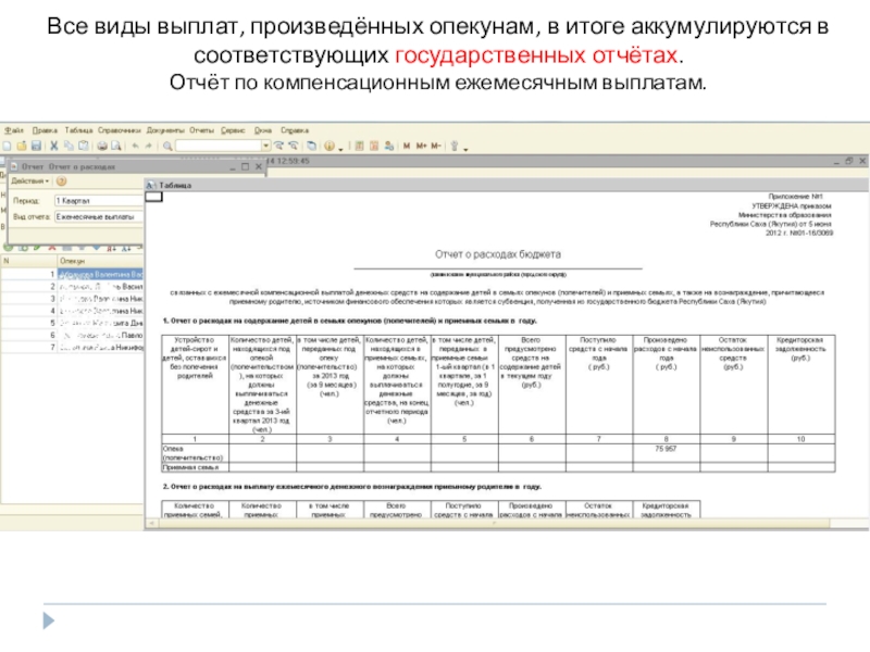 Презентация Автоматизация деятельности органов опеки ACCOchild Все виды выплат, произведённых опекунам, в итоге аккумулируются в соответствующих государственных отчётах.Отчёт по компенсационным ежемесячным выплатам. Все виды выплат, произведённых опекунам, в итоге аккумулируются в соответствующих государственных отчётах.Отчёт по компенсационным ежемесячным выплатам.