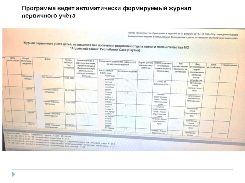 Презентация Автоматизация деятельности органов опеки ACCOchild Программа ведёт автоматически формируемый журнал первичного учёта Программа ведёт автоматически формируемый журнал первичного учёта