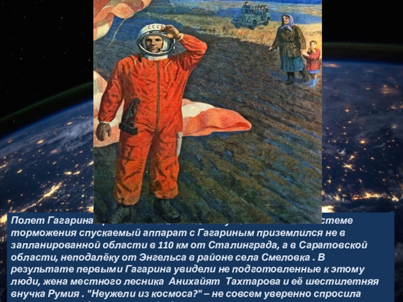 Высота полета гагарина в космосе. Полёт Гагарина. Приземление Гагарина в живописи. Полёт Гагарина приземление. Гагарин посадка.