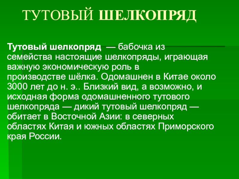 Презентация к занятию по окружающему миру: Бабочки. ТУТОВЫЙ ШЕЛКОПРЯДТутовый шелкопряд — бабочка из семейства настоящие шелкопряды, играющая важную экономическую ТУТОВЫЙ ШЕЛКОПРЯДТутовый шелкопряд — бабочка из семейства настоящие шелкопряды, играющая важную экономическую роль в производстве шёлка. Одомашнен в Китае