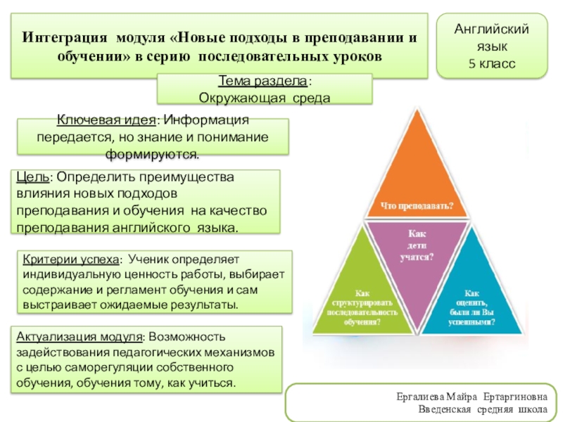 Презентация на тему Интеграция модуля «Новые подходы в преподавании и обучении» Интеграция модуля «Новые подходы в преподавании и обучении» в серию последовательных уроковЦель: Определить преимущества влияния новых подходов