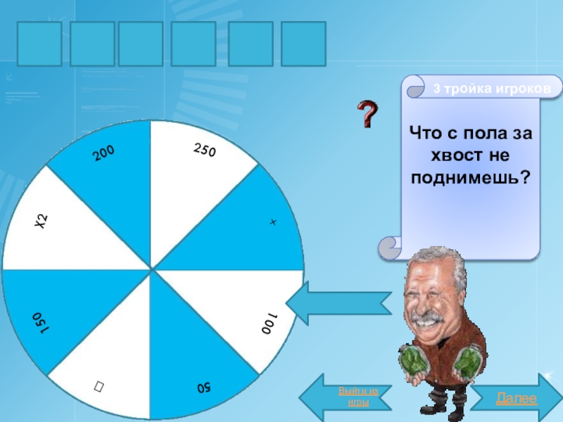 Презентация внеурочного занятия Поле чудес КЛУБОЧто с пола за хвост не поднимешь? ДалееК3 тройка игроковВыйти из игры КЛУБОЧто с пола за хвост не поднимешь? ДалееК3 тройка игроковВыйти из игры