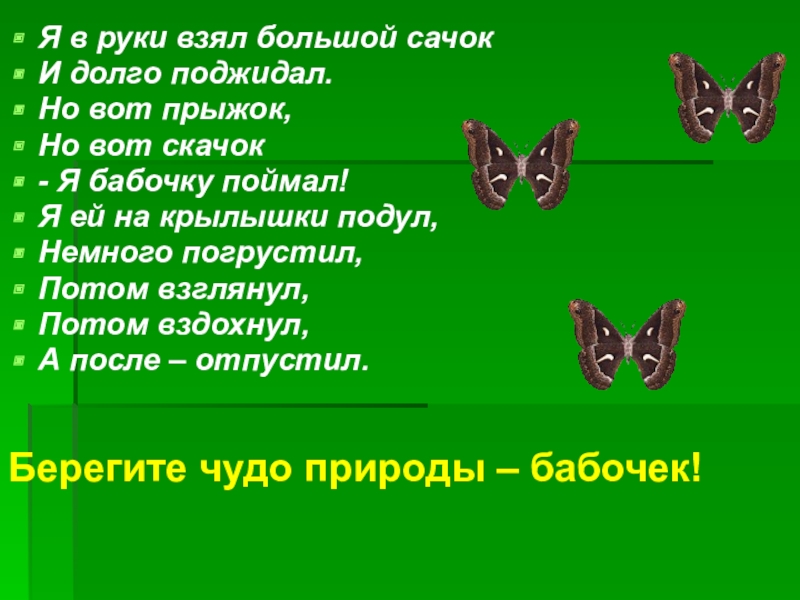 Презентация проектной работы по окружающему миру Чудо природы - бабочки (4 класс) Я в руки взял большой сачок И долго поджидал. Но вот Я в руки взял большой сачок И долго поджидал. Но вот прыжок, Но вот скачок - Я