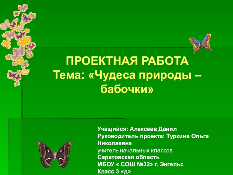 Презентация проектной работы по окружающему миру Чудо природы - бабочки (4 класс) ПРОЕКТНАЯ РАБОТА Тема: «Чудеса природы – бабочки»Учащийся: Алексеев Данил Руководитель проекта: ПРОЕКТНАЯ РАБОТА Тема: «Чудеса природы – бабочки»Учащийся: Алексеев Данил Руководитель проекта: Туркина Ольга Николаевнаучитель начальных классовСаратовская областьМБОУ