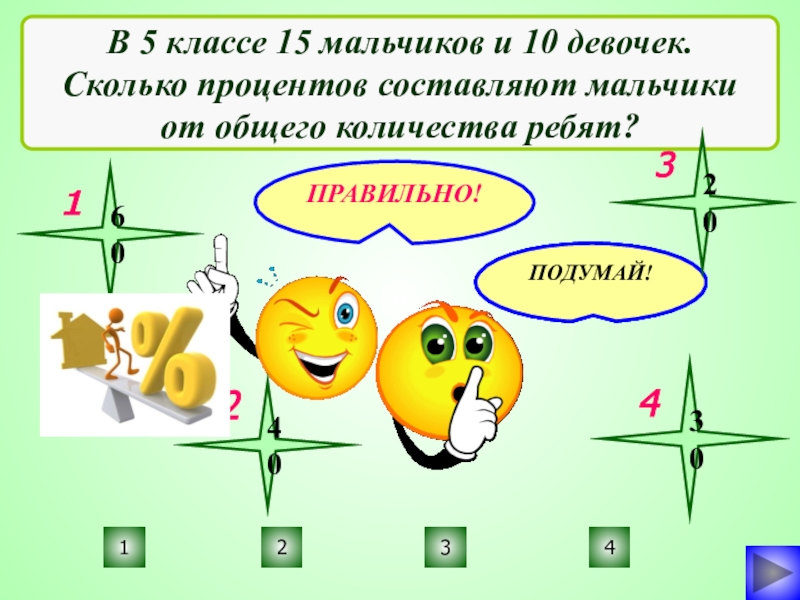 5 класс 15. Проценты 1 мальчик и 10 девочек.